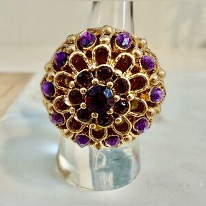 Gold-Tone Floral Statement Ring with Purple Stones Large Dome